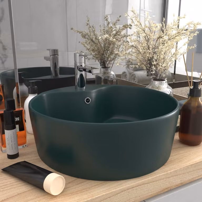 The Living Store Lavabo con troppopieno verde scuro opaco 36x13 cm in Vetroceramica
