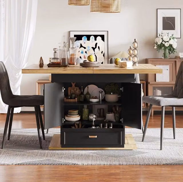 Tavolo da pranzo allungabile ULEVR 110-140x80x75 cm con 2 ante, cassetto e ripiani regolabili, effetto legno naturale