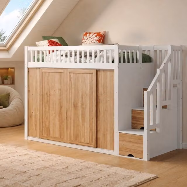 Letto a castello per bambini 90x200 cm con armadio e scala contenitore, strisce LED colorate, senza materasso, bianco e rovere