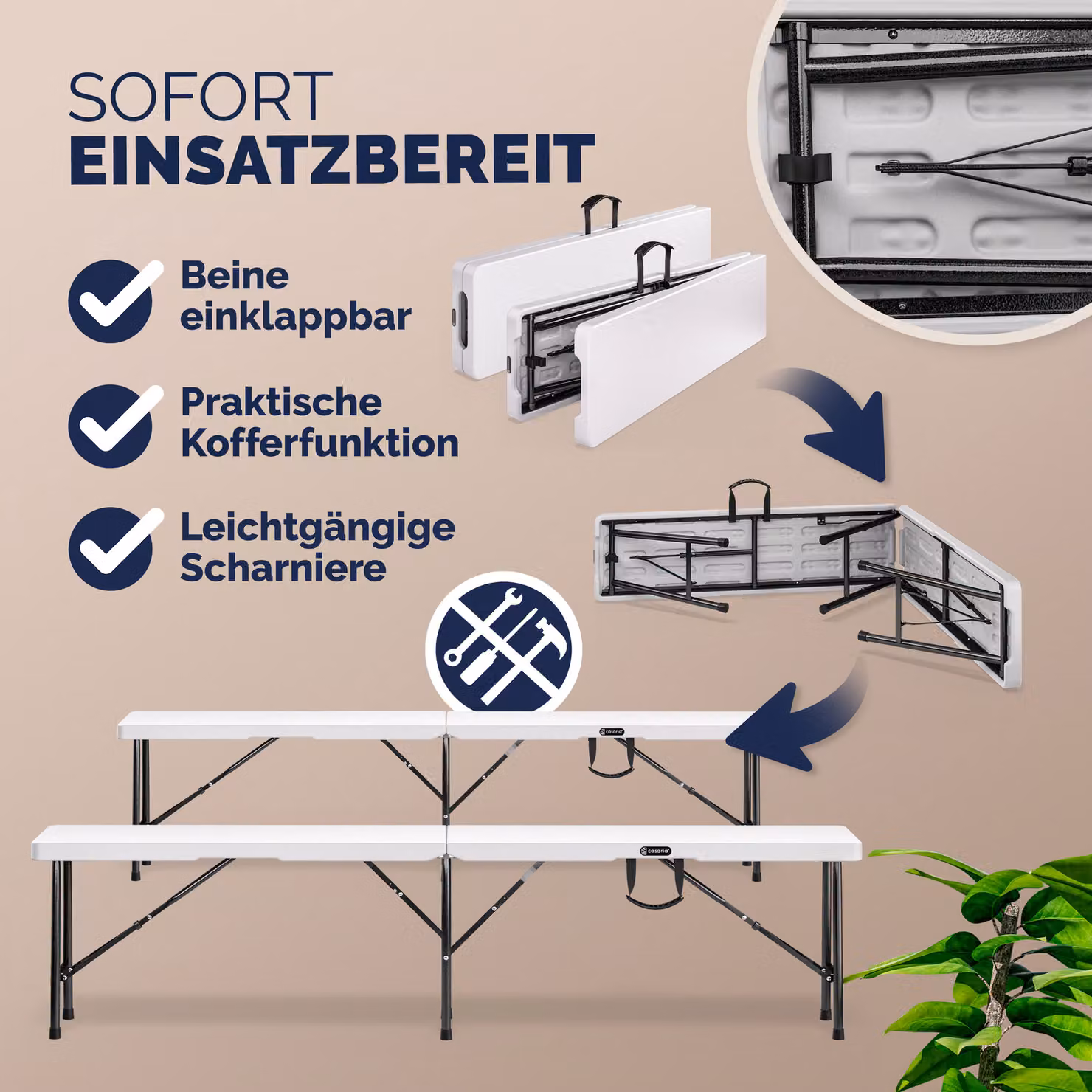 Set di 2 panchine da giardino Casaria bianche in plastica e acciaio verniciato a polvere pieghevoli – 3