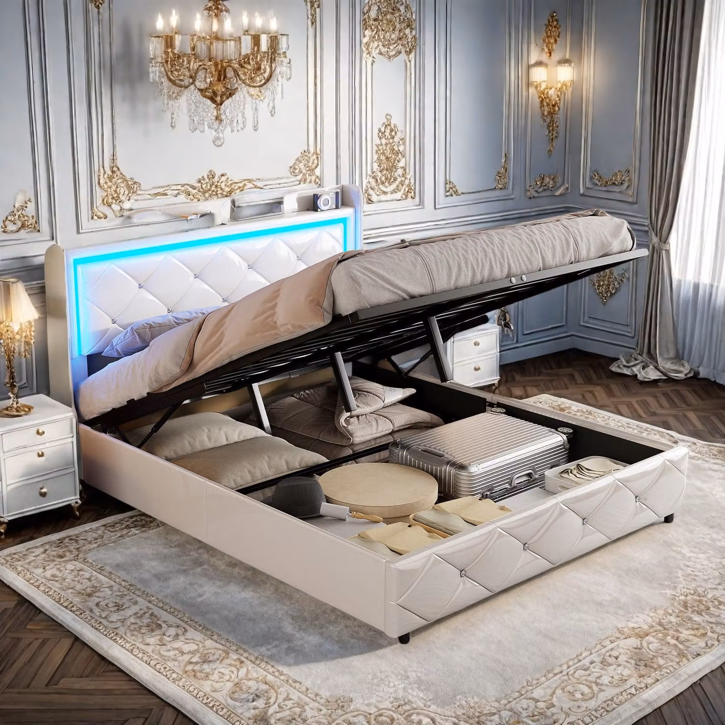 UnboxG Letto imbottito 140x200cm con funzione di ricarica (USB/Tipo-c), letto giovanile letto matrimoniale letto contenitore con LED, letto a molle idrauliche, PU, bianco