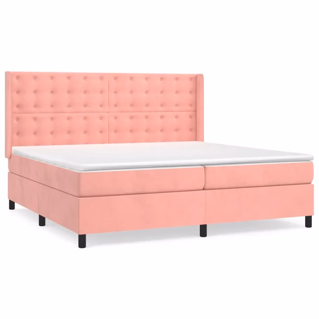 vidaXL Giroletto a Molle con Materasso in Velluto Rosa e Bianco, L/P: 200 x 200 cm – 2
