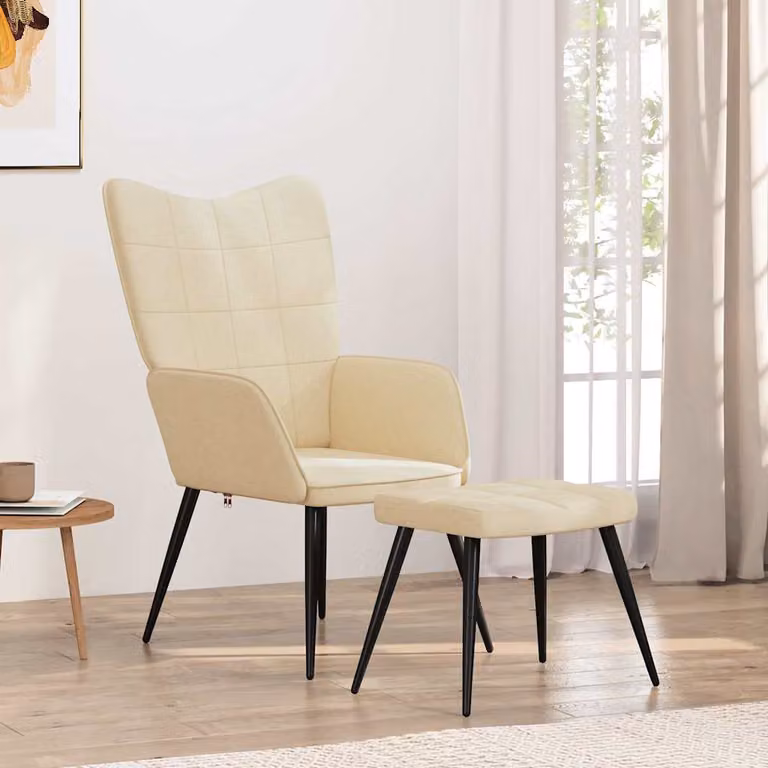 Sedia Relax con Sgabello vidaXL in Tessuto Beige con Struttura in Metallo e Imbottitura in Schiuma