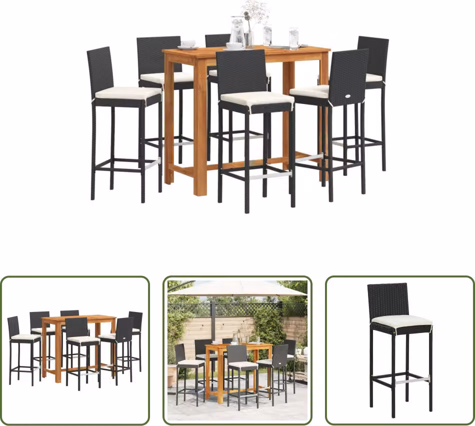 The Living Store Set bar da giardino 7 pezzi in legno massiccio nero di acacia e poly rattan