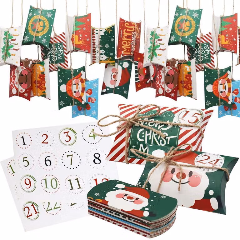 Calendario dell'Avvento da riempire, 24 scatole regalo, contenitori a forma di cuscino, con adesivi e corda di iuta