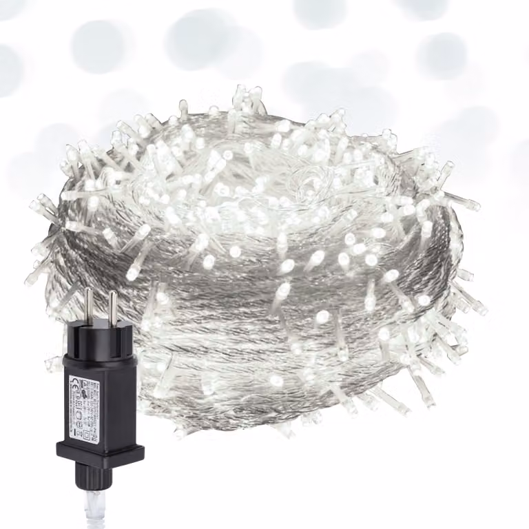 Catena luminosa LED Ikodm, 10 metri, 100 LED, 8 modalità con funzione di memoria, ideale per Natale, feste, giardino. Effetto scintillante a forma di stelle, cavo trasparente, luce bianca fredda