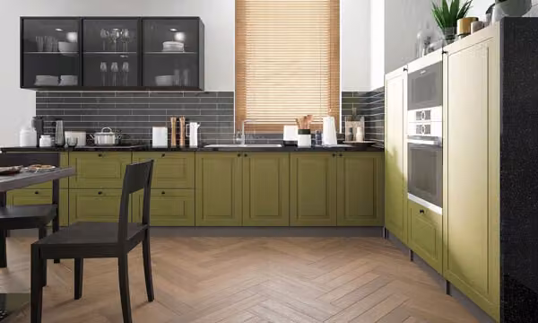 Mobile cucina 340x180cm laccato opaco verde lava / felce Blocco cucina moderno a L