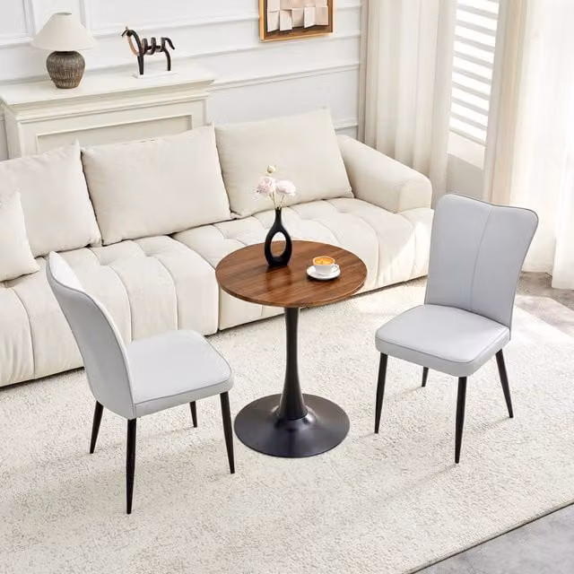 Tavolino Rotondo con 2 Sedie ¨C MINIMAL ¨C MDF, Piano 60 cm, Gambe Nere, Seduta Grigio Chiaro