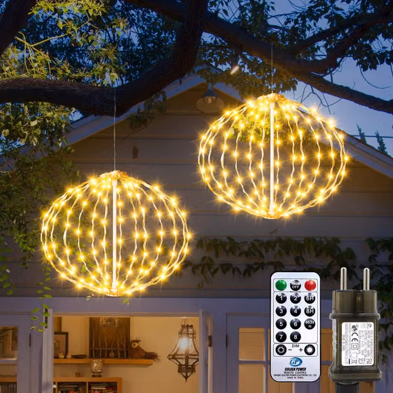 Sfera luminosa a LED, 20 cm di diametro, luce bianco caldo, confezione da 2, 81 LED, grado di protezione IP65, con timer