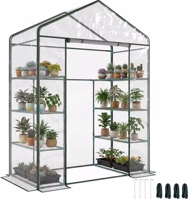 Serra da giardino Outsunny con porta avvolgibile in acciaio e PVC trasparente, L 143 cm x P 73 cm x H 195 cm