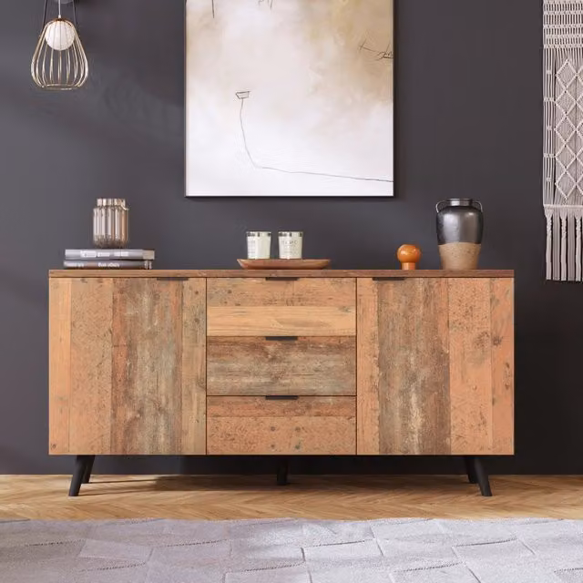 Mobile TV REDOM in legno e metallo stile vintage marrone con 3 cassetti e ripiani regolabili L/P/H: 140 x 35 x 70 cm