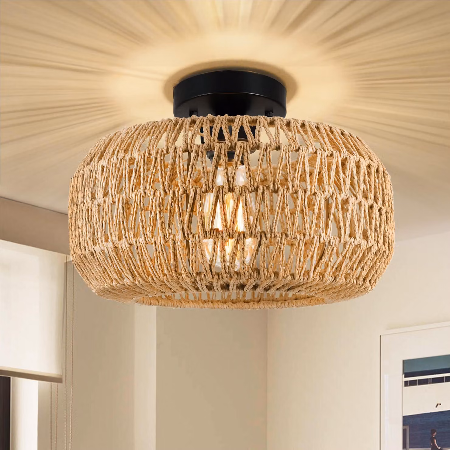 Lampada da soffitto Plafoniera vintage Boho E27 a sospensione con paralume in rattan lampada a sospensione per soggiorno, camera da letto, cucina, corridoio