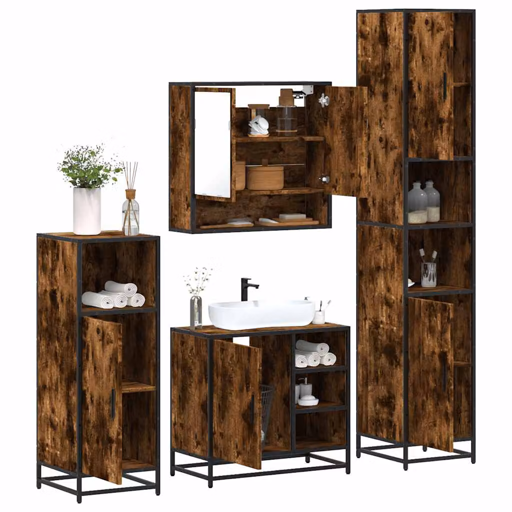 Set di mobili da bagno industrial vidaXL in legno e metallo marrone composto da armadietto con specchio, mobile lavabo, mobile laterale e colonna alta