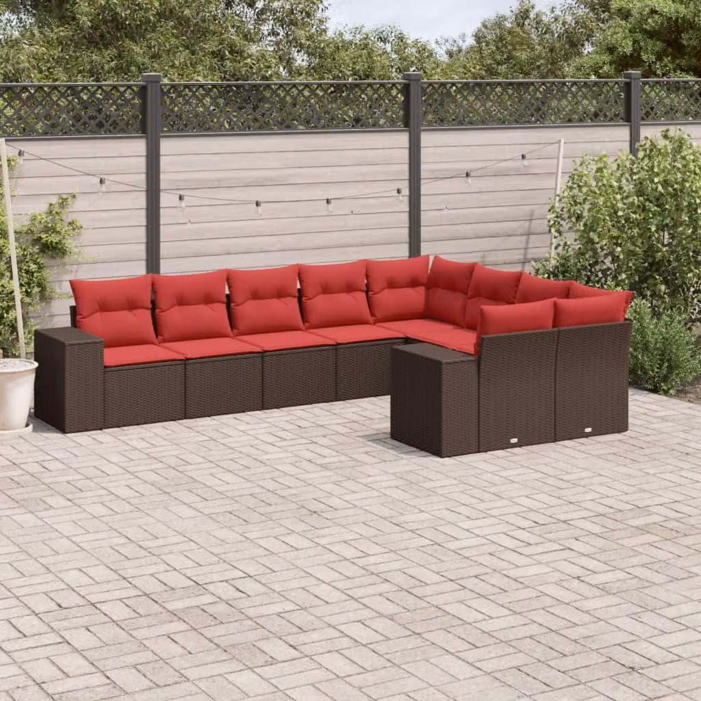 Maison Exclusive - Set divano da giardino 9 pezzi con cuscini, marrone, polyrattan