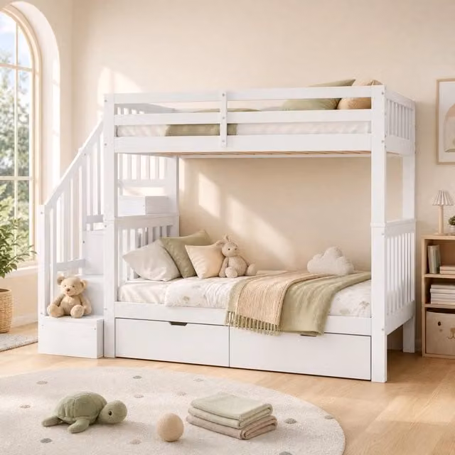 Letto a castello in legno di pino bianco 90x200 cm con scaletta, due cassetti e sponde alte, certificato EN747-1