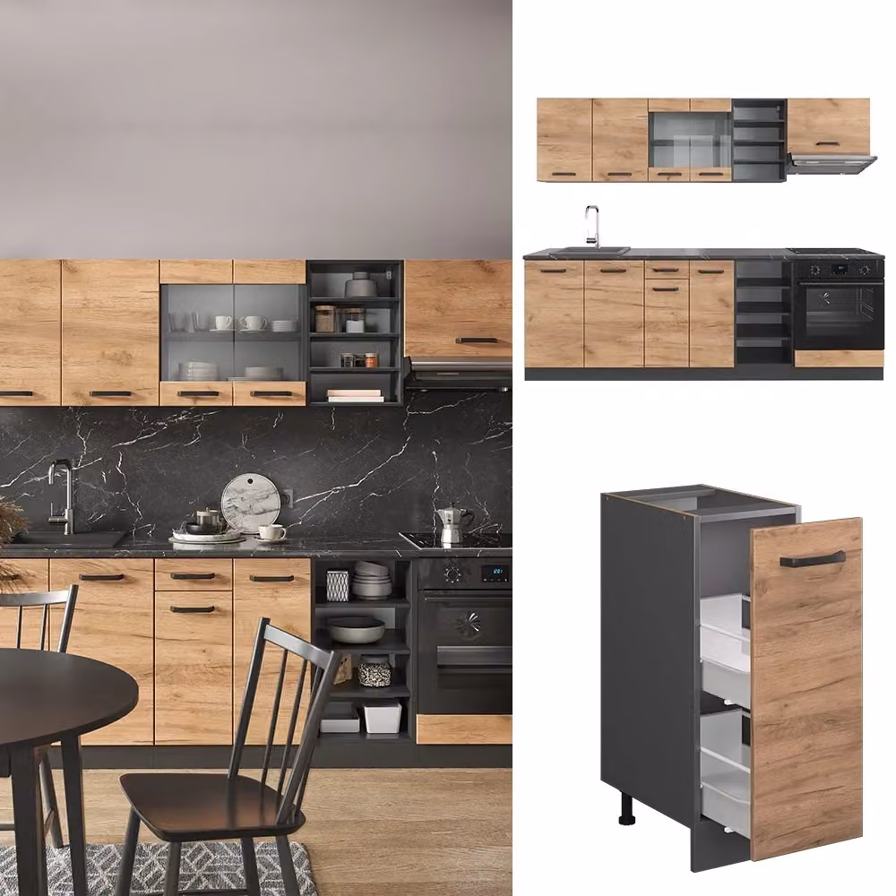 Cucina componibile moderna R-Line Vicco in rovere e antracite, L: 240 cm – 2