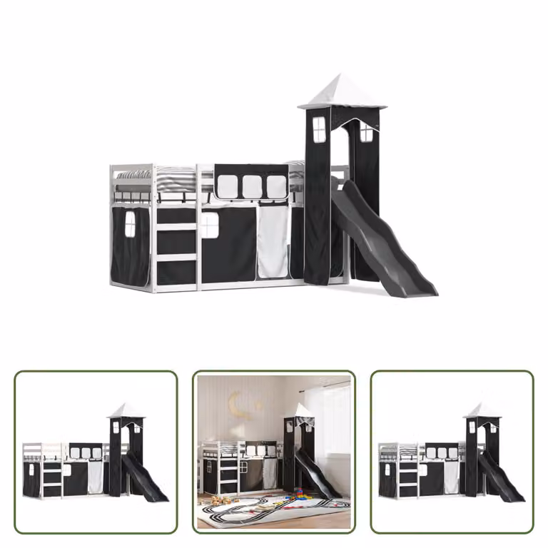 The Living Store Letto a castello con scivolo e tende bianco e nero 90x200 cm