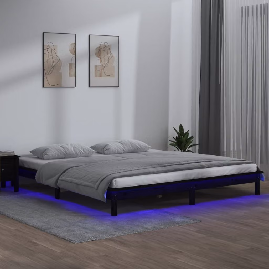 The Living Store Letto in legno massiccio con illuminazione a LED nero 200x200 cm