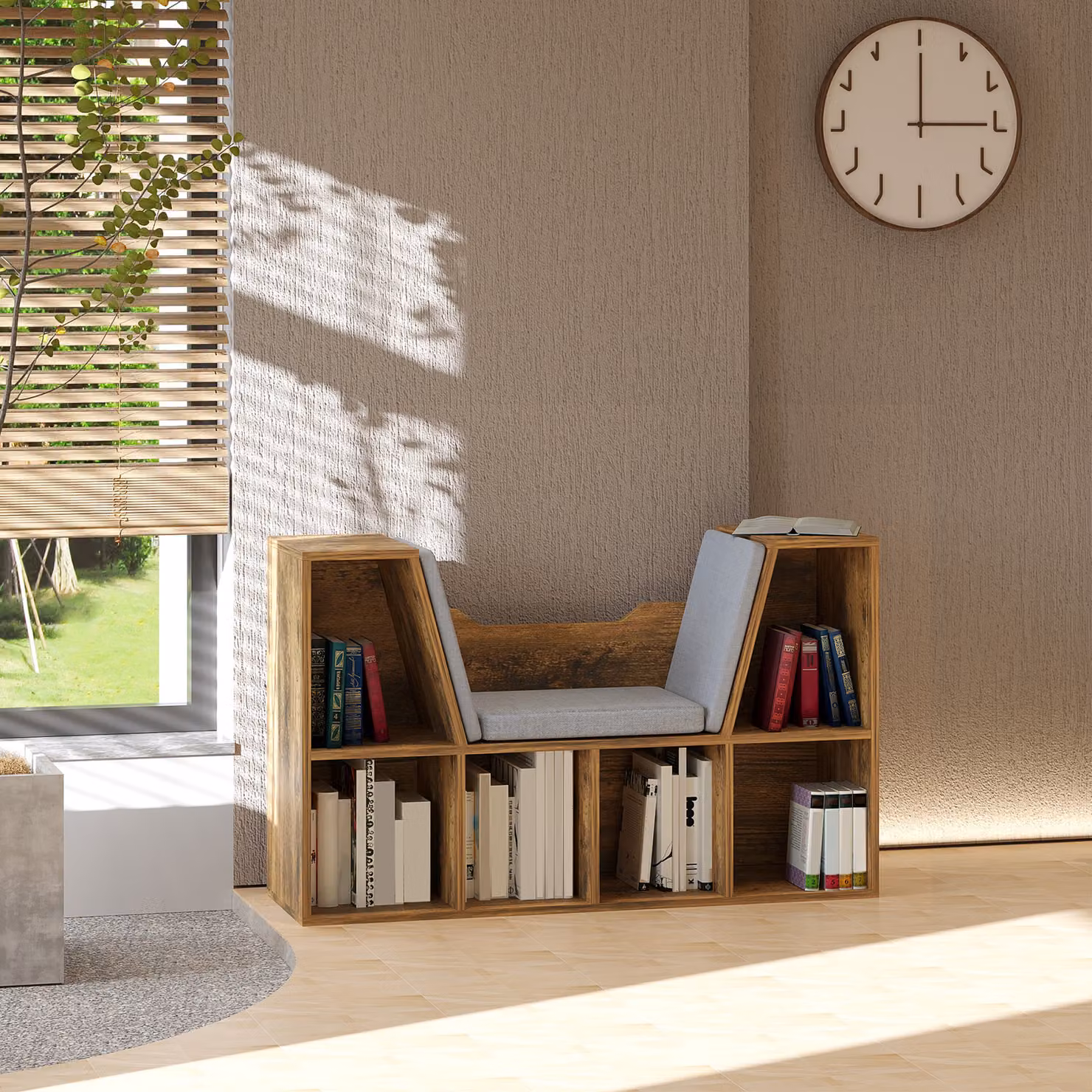 Libreria panca 2 in 1 HOMCOM con 6 scomparti aperti e cuscini per seduta, marrone rustico, L: 102 cm, P: 30 cm, H: 61 cm – 2