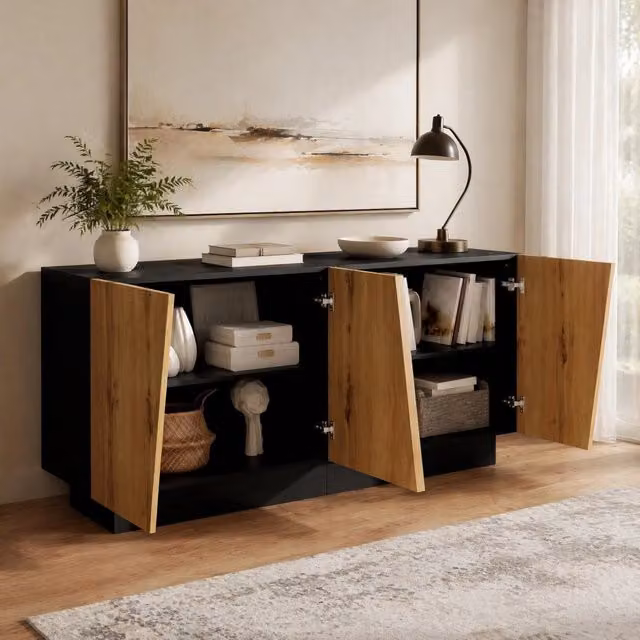 Credenza moderna 160 cm con ripiano regolabile; finitura nero e legno; in truciolare