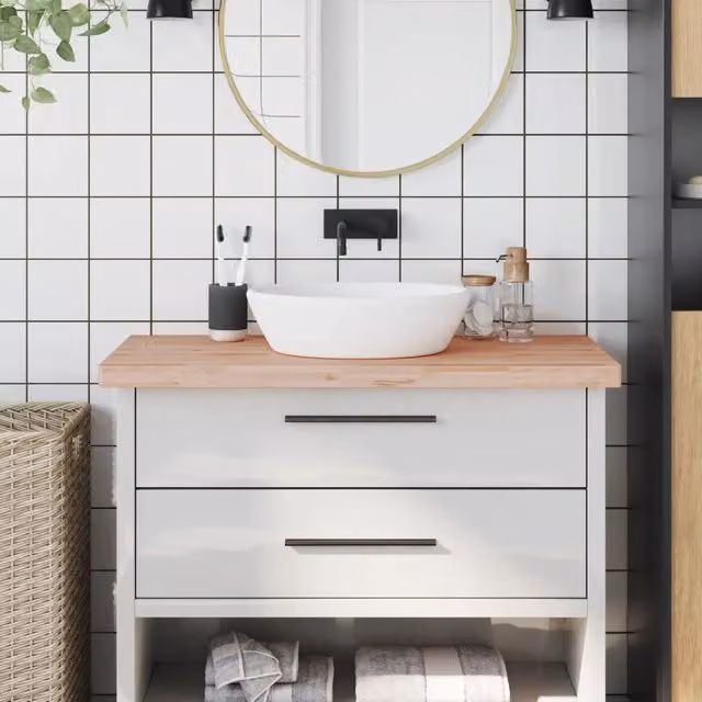 Piano Bagno in Legno Massello di Faggio beige vidaXL L: 60 cm, P: 60 cm, H: 4 cm