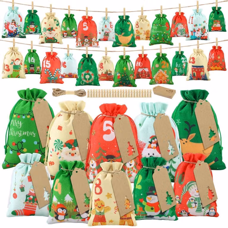Sacchetti regalo per l'avvento, 24 pezzi, riutilizzabili, in tessuto con coulisse, 2 dimensioni, ideali per decorazioni natalizie fai-da-te