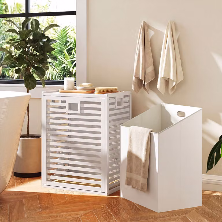 Costway Cesto portabiancheria in bambù 68l con sacco rimovibile, Cesta bucato con piano superiore per bagno e lavanderia Bianco