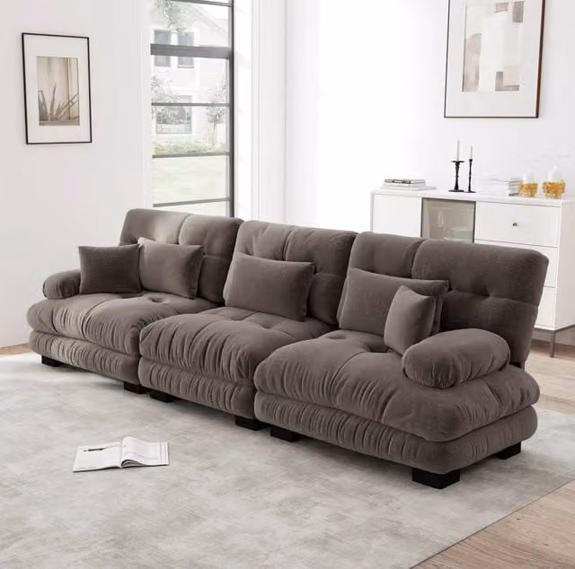 Divano angolare modulare 313x77x81 cm in ciniglia marrone con seduta profonda