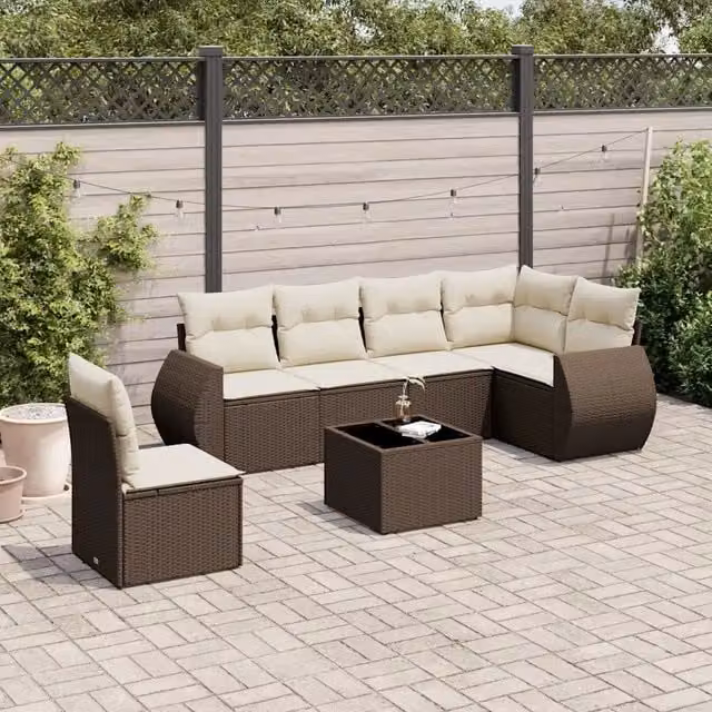 Set Divani da Giardino 7 pz con Cuscini Marrone in Polyrattan 3221442