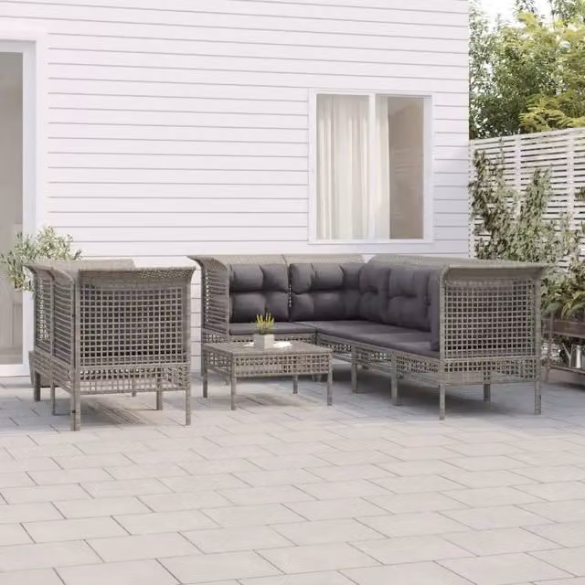 Set Divani da Giardino 8 pz con Cuscini in Polyrattan Grigio 3187542