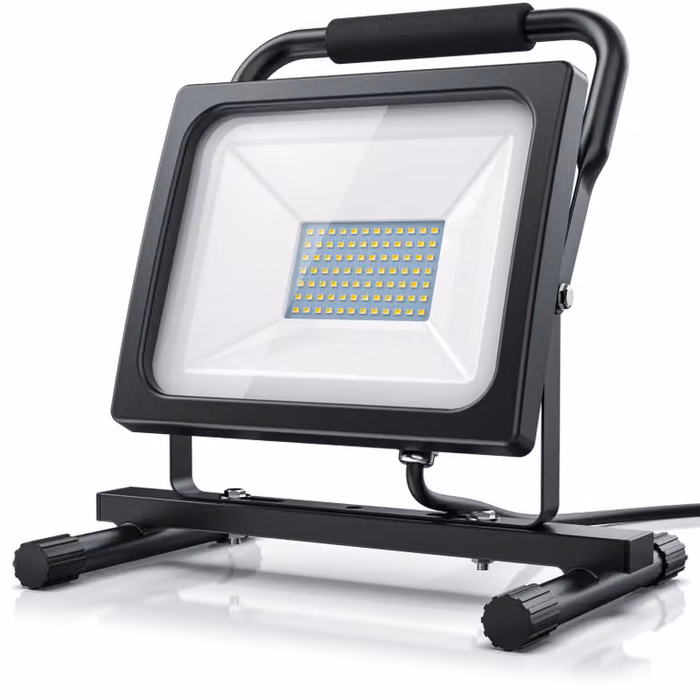 Lampada da cantiere LED Brandson da 60 W, con circa 6000 lumen, lampada da lavoro e faretto da cantiere con 84 LED SMD, grado di protezione IP65, luce bianca neutra a 5000 K, orientabile, con supporto a stativo, cavo di 3,8 metri