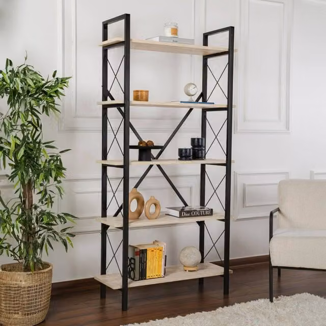 Libreria Suriel DMORA, Scaffale moderno per ufficio e casa, Beige e Nero, L: 90 cm, P: 34 cm, H: 180 cm