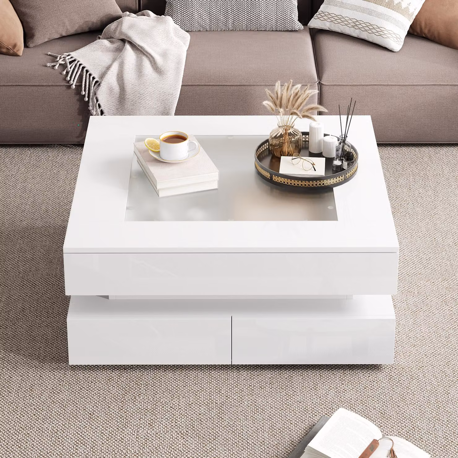 Tavolino da salotto, dimensioni 70 x 70 x 35 cm, realizzato in pannello di particelle al 100%, con piano in vetro, colore bianco, piano in vetro quadrato, dotato di illuminazione a LED e 3 cassetti