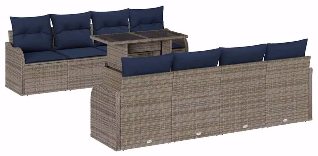 Set da giardino composto da 7 pezzi, colore grigio, realizzato in rattan sintetico