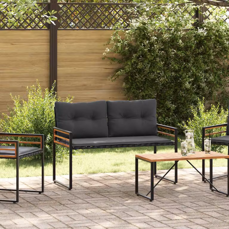 Panchetta moderna vidaXL in legno di acacia e acciaio con cuscini rimovibili, Grigio e Nero, L: 114 cm, P: 55 cm, H: 77 cm
