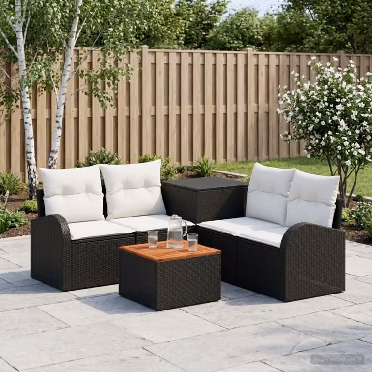 Set di divani da giardino vidaXL a forma di L composto da 6 pezzi con tavolino da caffè, in stile moderno con struttura in acciaio verniciato a polvere e tessuto resistente alle intemperie, colore nero e bianco