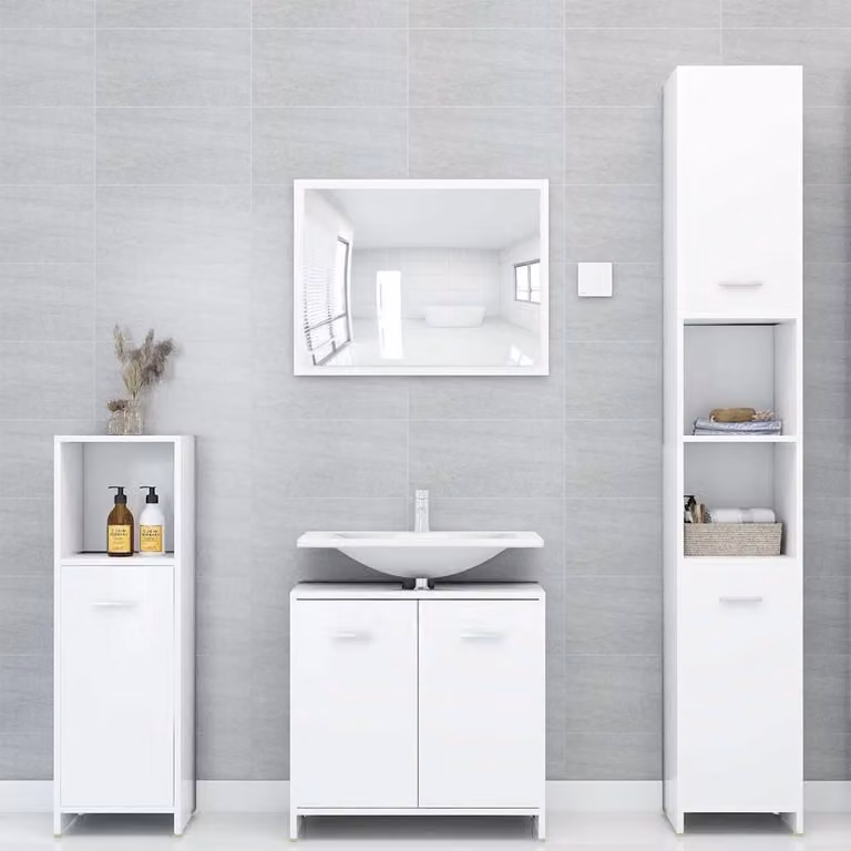 Set di mobili da bagno vidaXL 4 pezzi in legno multistrato bianco con armadio alto, armadietto a muro e mobile lavabo