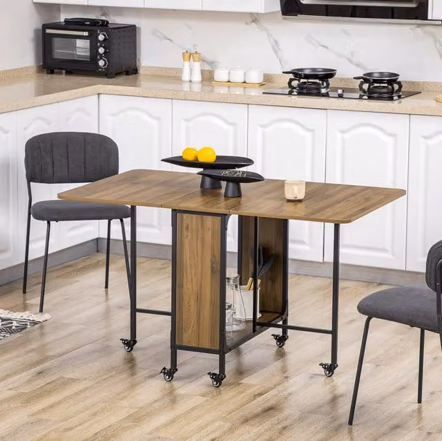 Tavolo da pranzo pieghevole per 6 persone, 130x80x74 cm, con ruote e ripiano, colore marrone chiaro
