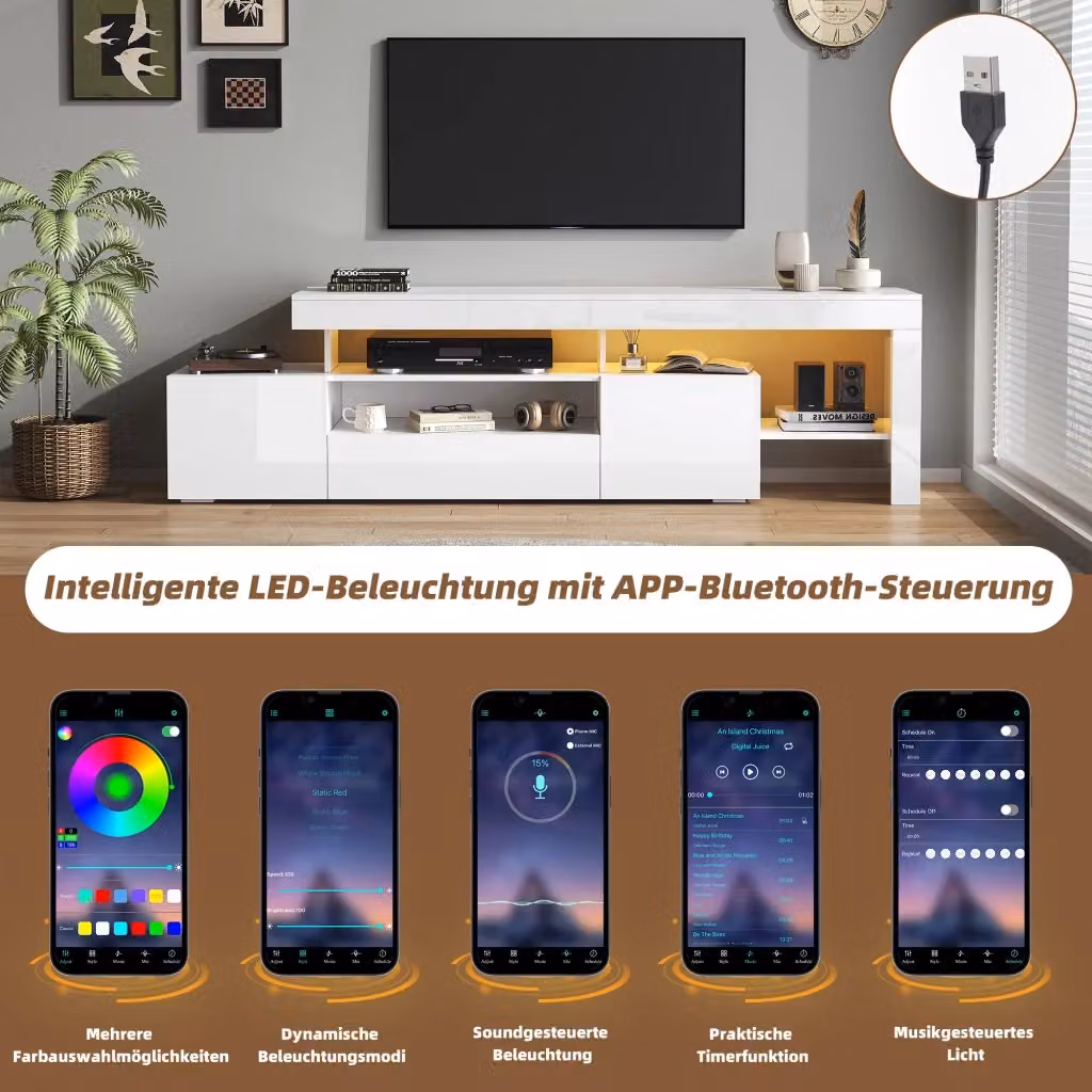 Mobile TV moderno REDOM bianco lucido con illuminazione LED integrata per TV fino a 85 pollici L: 192 cm, P: 37 cm, H: 53 cm – 2