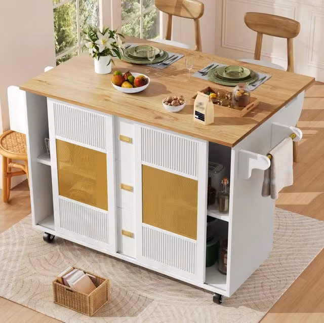 Isola da cucina ULEVR 146,85x70x90 cm con piano ribaltabile, 3 cassetti, ante scorrevoli e ruote, bianca