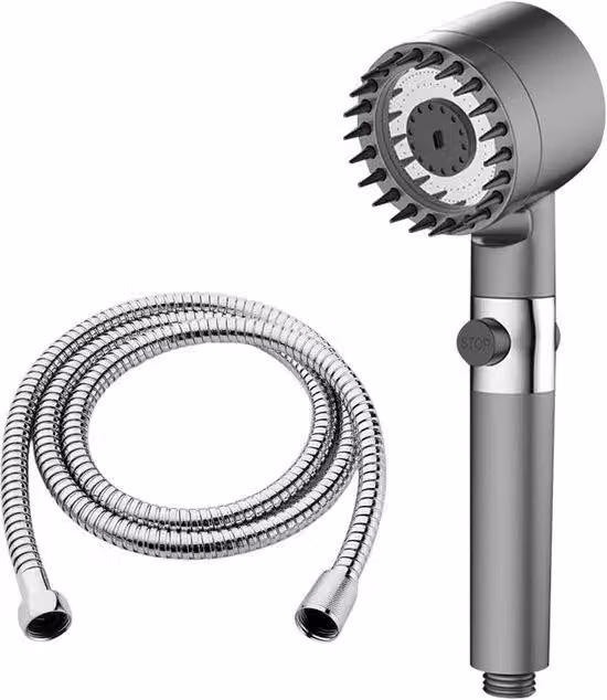 Soffione con filtro, 3 tipi di getto con funzione di arresto, soffione ad alta pressione, soffione a risparmio idrico, soffione anticalcare con tubo flessibile da 1,5 m