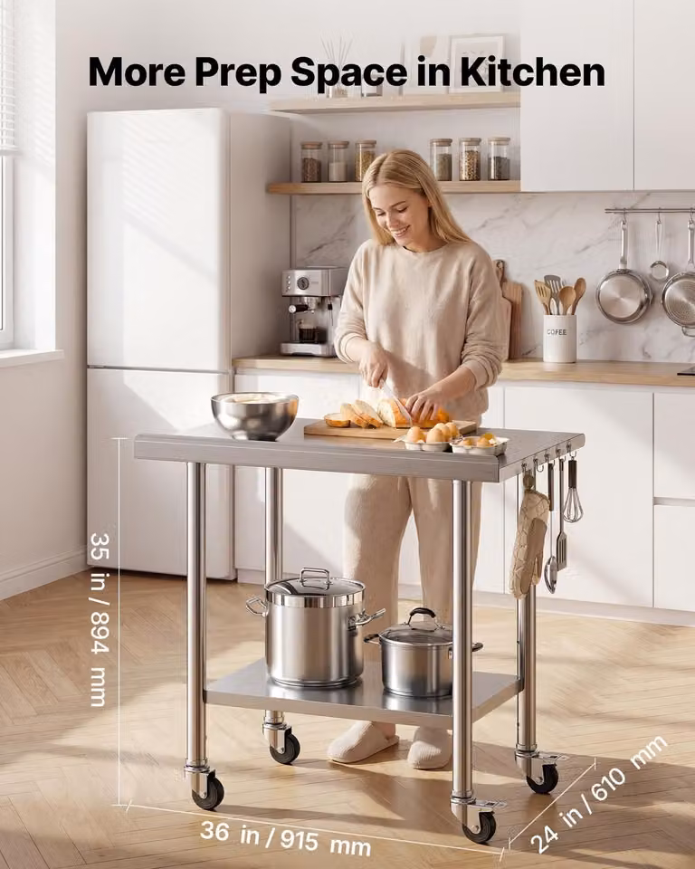 Tavolo da lavoro in acciaio inossidabile, 61x91 cm, tavolo per la preparazione di alimenti con ruote e schienale, postazione di lavoro per cucina professionale con ripiano inferiore regolabile, tavolo da lavoro in metallo, adatto per uso esterno in ristor