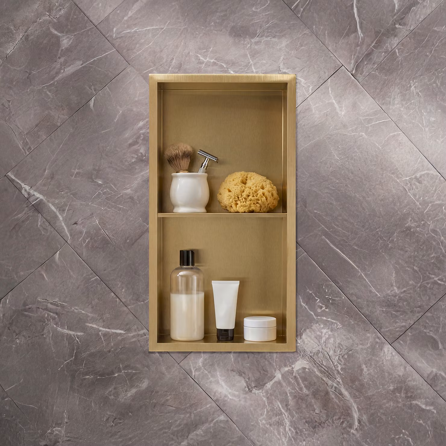 Nicchia Doccia a Muro per Bagno - 340mm x 640mm - Rettangolare con Mensola Portaoggetti - Oro Satinato