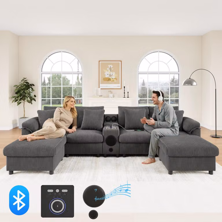 Merax Divano ad angolo a 4 posti a forma di U, divano modulare in velluto con altoparlanti Bluetooth, ricarica wireless, porte USB, portabicchieri, divano, grigio