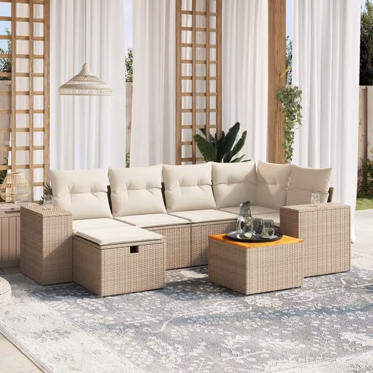 Set di divani da giardino vidaXL 7 pezzi in rattan con cuscini beige e struttura in acciaio per esterno