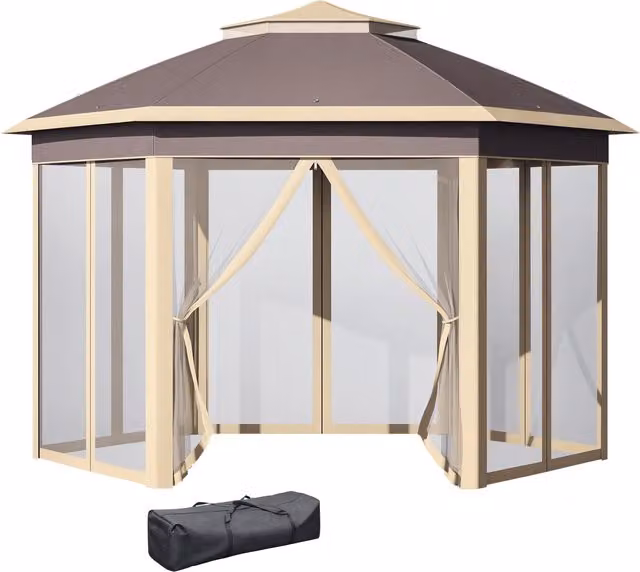 Gazebo da giardino pieghevole Outsunny con zanzariera e doppio tetto, beige, L: 405 cm, P: 340 cm, H: 285 cm