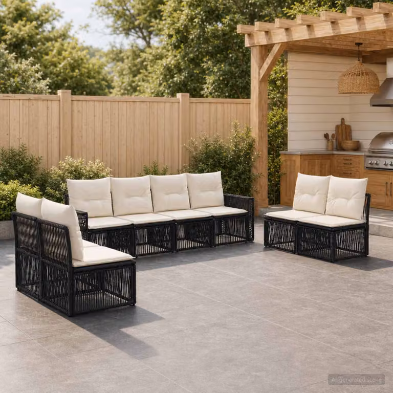 Set Divano da Giardino vidaXL 8 pz a Forma a U in Polyrattan con Cuscini, Nero e Bianco