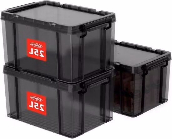Set di 3 contenitori impilabili in plastica con coperchio e chiusura a clip, colore nero, capacità 25 litri ciascuno