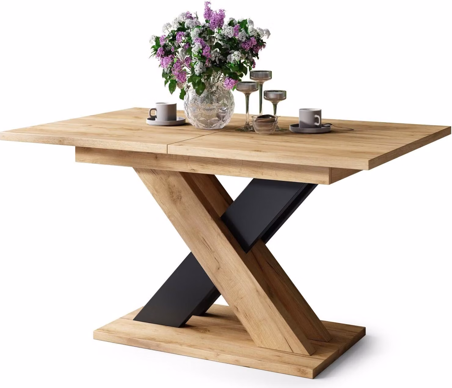 Tavolino All4All Katris, tavolino da soggiorno, tavolino da caffè, tavolo con gambe a forma di "X", estendibile, tavolo da pranzo, coffee table, 140x90 cm, rovere dorato e nero