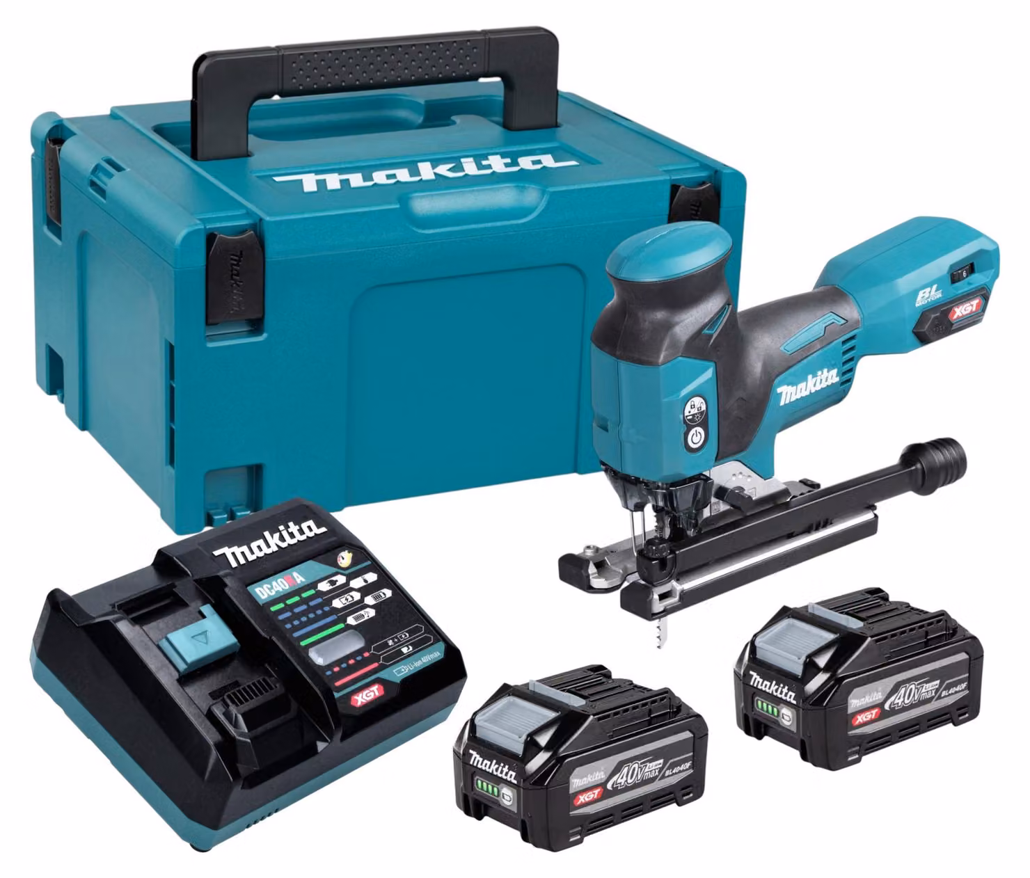 Seghetto alternativo a batteria Makita JV 001 GU201 40 V max. 135 mm Brushless + 2 batterie da 4,0 Ah + caricabatterie + Makpac
